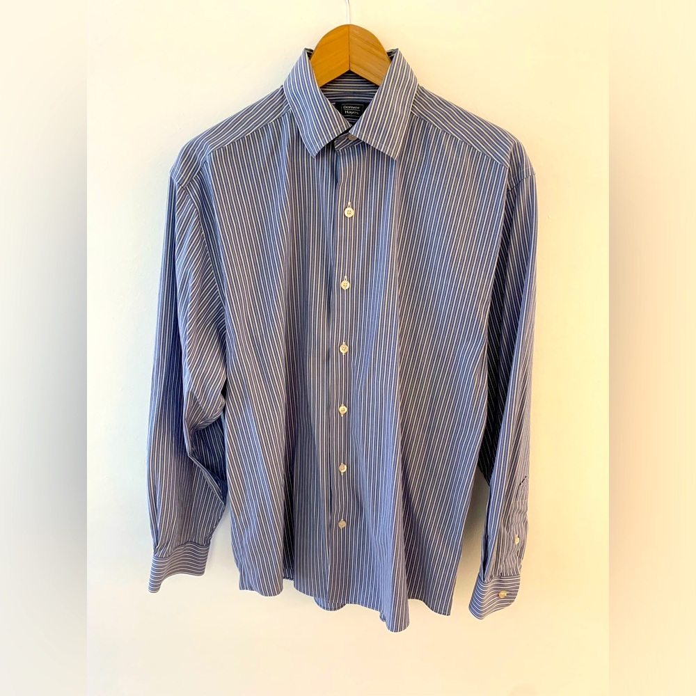 Vintage Denver Hayes Blue & White Striped Poplin button up shirt, size M or 15